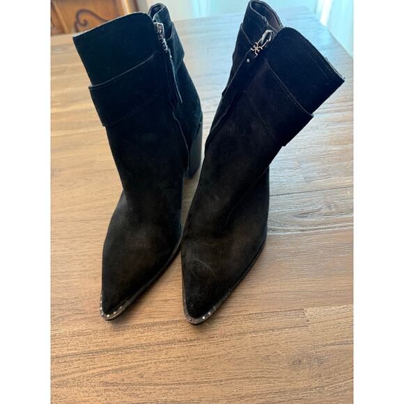 Sam Edelman Black Suede Pointed Toe Booties with Buckle - Picture 2 of 6